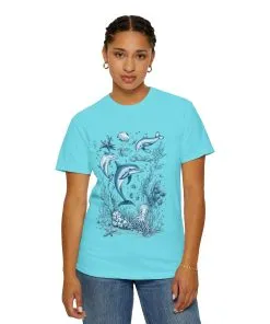 Nautical wildlife print tee with dolphins and marine species