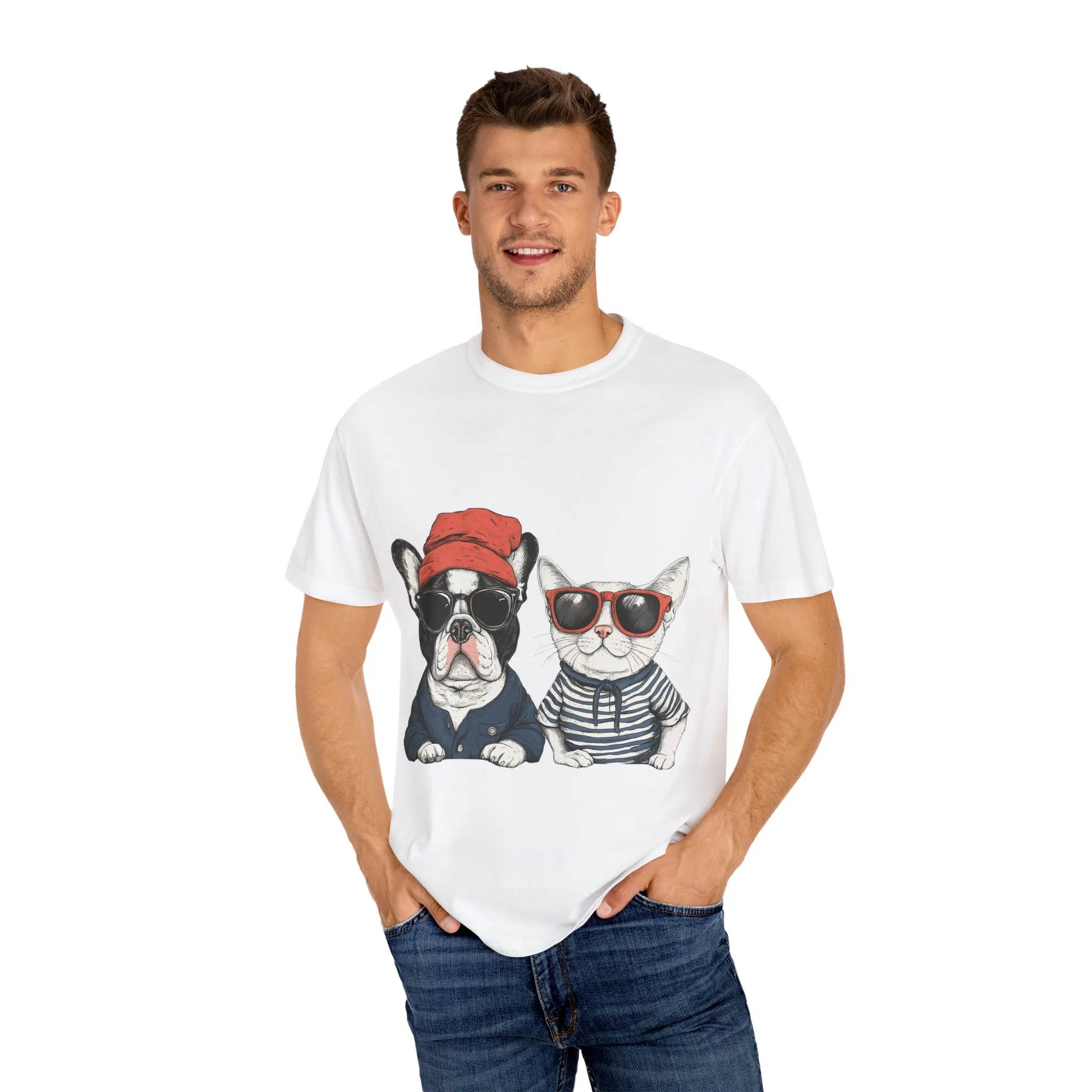 Trendy French Bulldog & Cat T-Shirt, Unisex Vintage Graphic Tee with Cool Sunglasses Design - Image 3