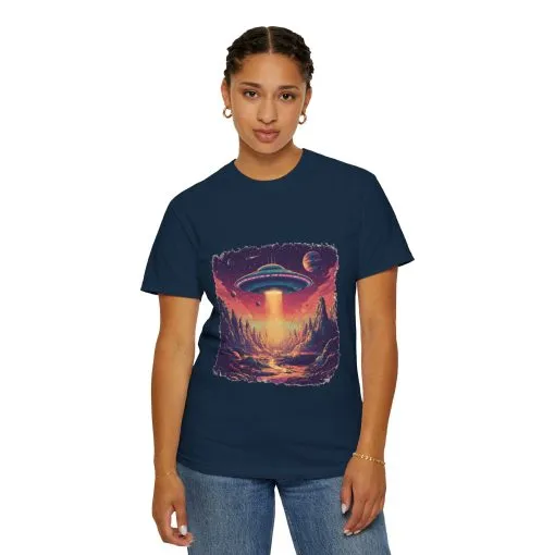 Galactic Adventure Unisex T-Shirt - UFO and Cosmic Landscape Design - Image 4