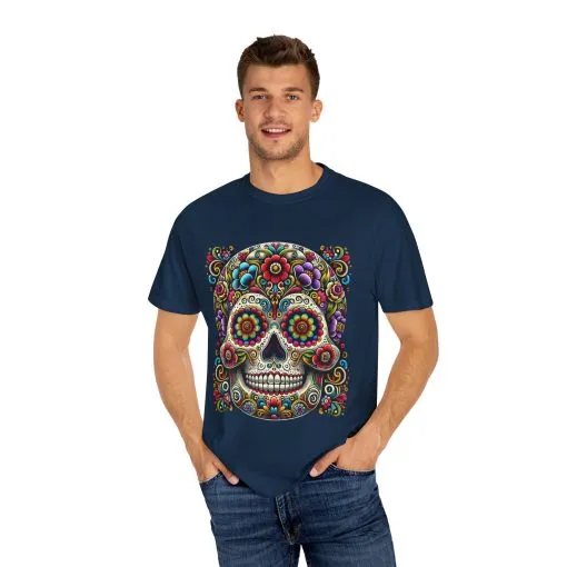 Colorful Floral Skull T-Shirt | Day of the Dead Style | Unisex Garment-Dyed Tee - Image 15
