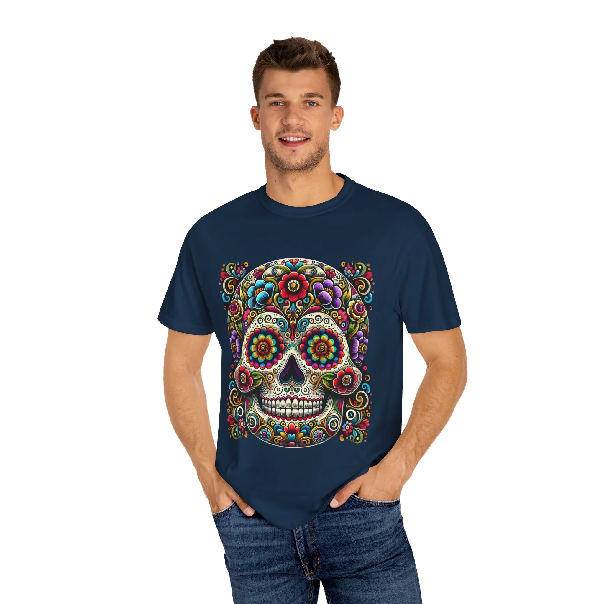 Colorful Floral Skull T-Shirt | Day of the Dead Style | Unisex Garment-Dyed Tee - Image 15