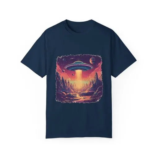 Galactic Adventure Unisex T-Shirt - UFO and Cosmic Landscape Design