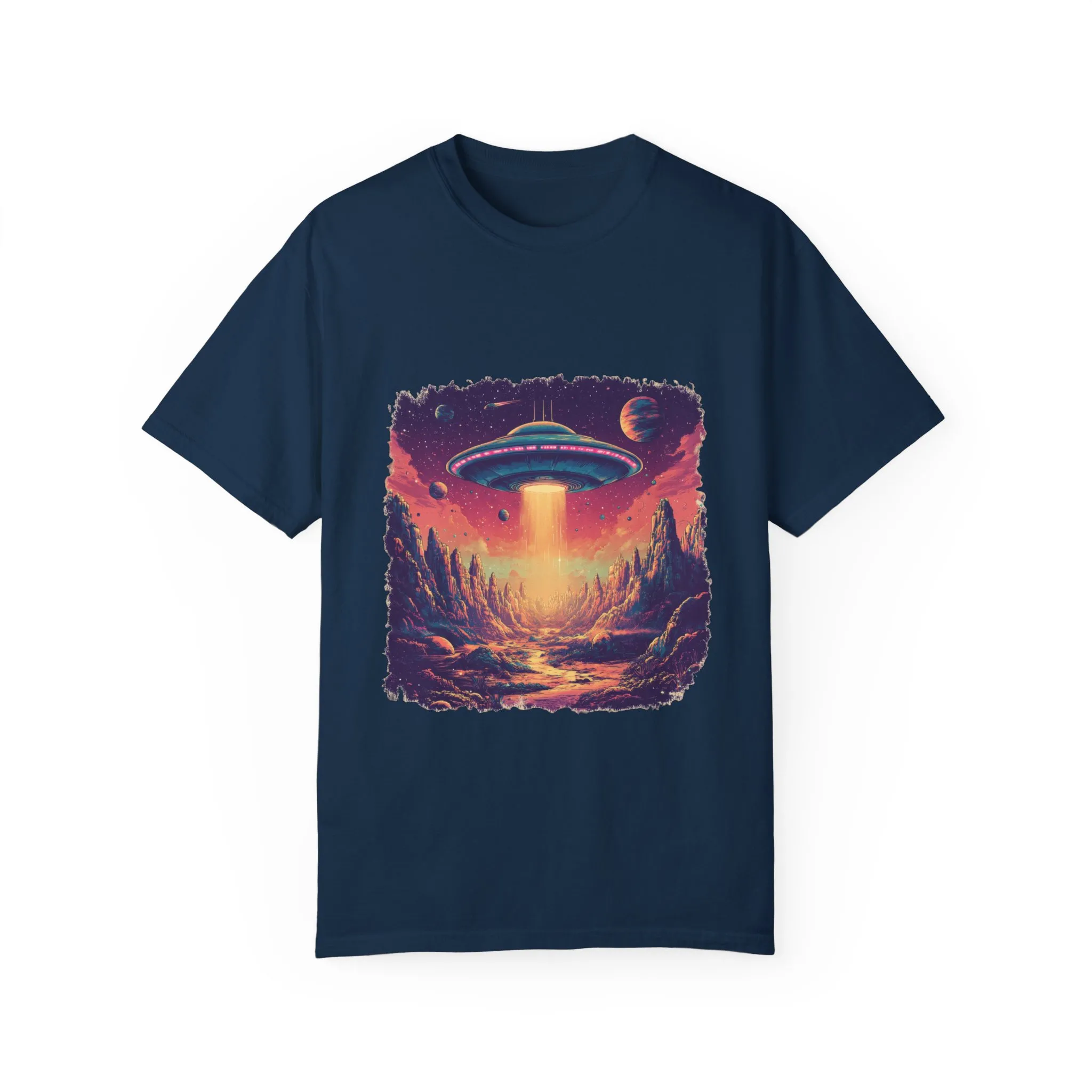 Galactic Adventure Unisex T-Shirt - UFO and Cosmic Landscape Design