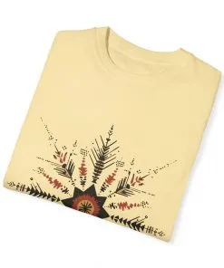 Boho chic nature t-shirt with geometric tribal design, artistic mandala print tee, unisex garment-dyed earthy tone t-shirt, bohemian festival fashion t-shirt.