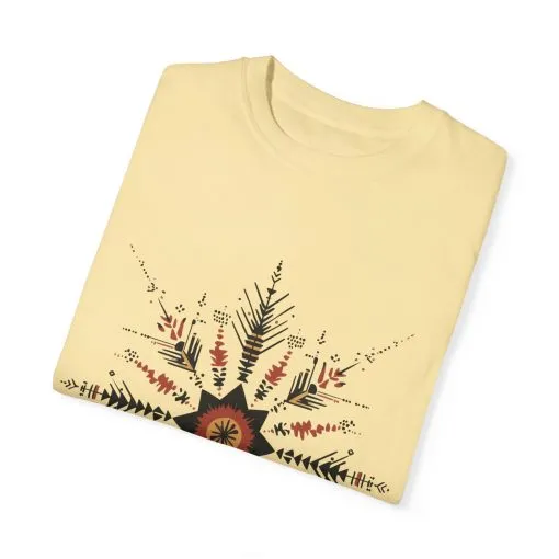 Boho chic nature t-shirt with geometric tribal design, artistic mandala print tee, unisex garment-dyed earthy tone t-shirt, bohemian festival fashion t-shirt.