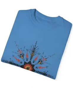 Boho chic nature t-shirt with geometric tribal design, artistic mandala print tee, unisex garment-dyed earthy tone t-shirt, bohemian festival fashion t-shirt.