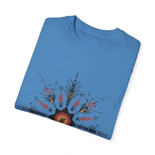 Boho chic nature t-shirt with geometric tribal design, artistic mandala print tee, unisex garment-dyed earthy tone t-shirt, bohemian festival fashion t-shirt.
