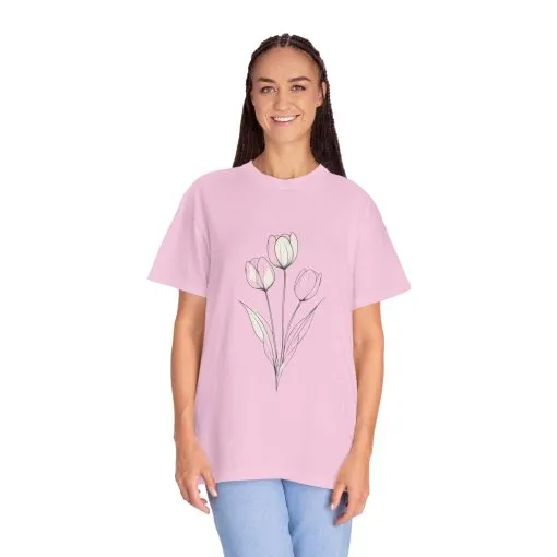 Floral Outline Unisex Garment-Dyed T-Shirt – Soft & Stylish Everyday Tee