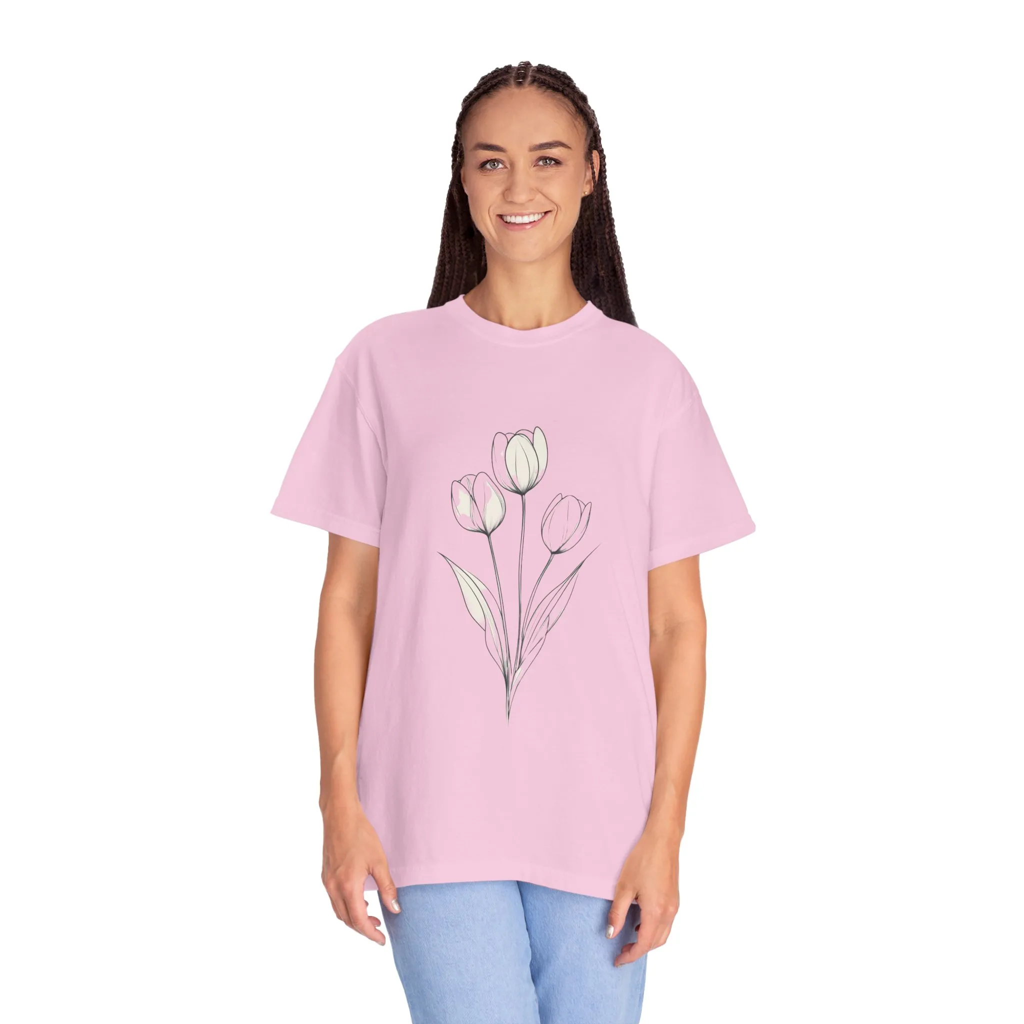 Floral Outline Unisex Garment-Dyed T-Shirt – Soft & Stylish Everyday Tee