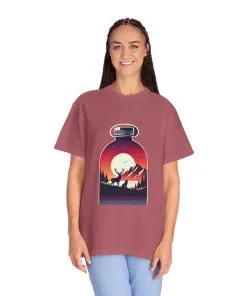 Adventure mountain t-shirt with deer and nature print, eco-friendly outdoor t-shirt, scenic wildlife graphic tee, unisex nature lover’s t-shirt.