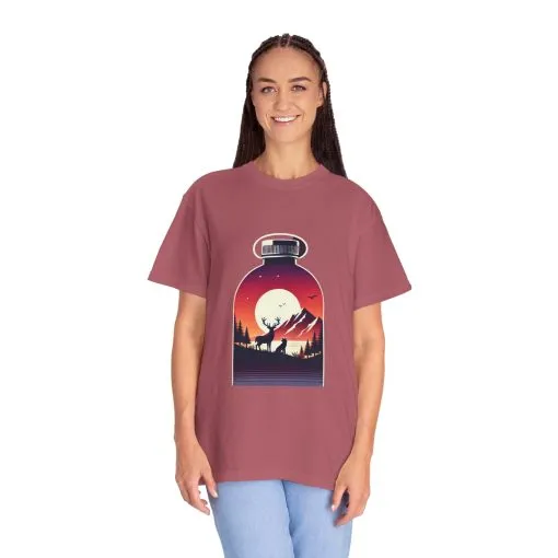 Adventure mountain t-shirt with deer and nature print, eco-friendly outdoor t-shirt, scenic wildlife graphic tee, unisex nature lover’s t-shirt.