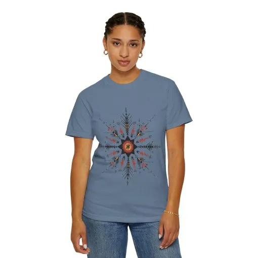 Boho chic nature t-shirt with geometric tribal design, artistic mandala print tee, unisex garment-dyed earthy tone t-shirt, bohemian festival fashion t-shirt.