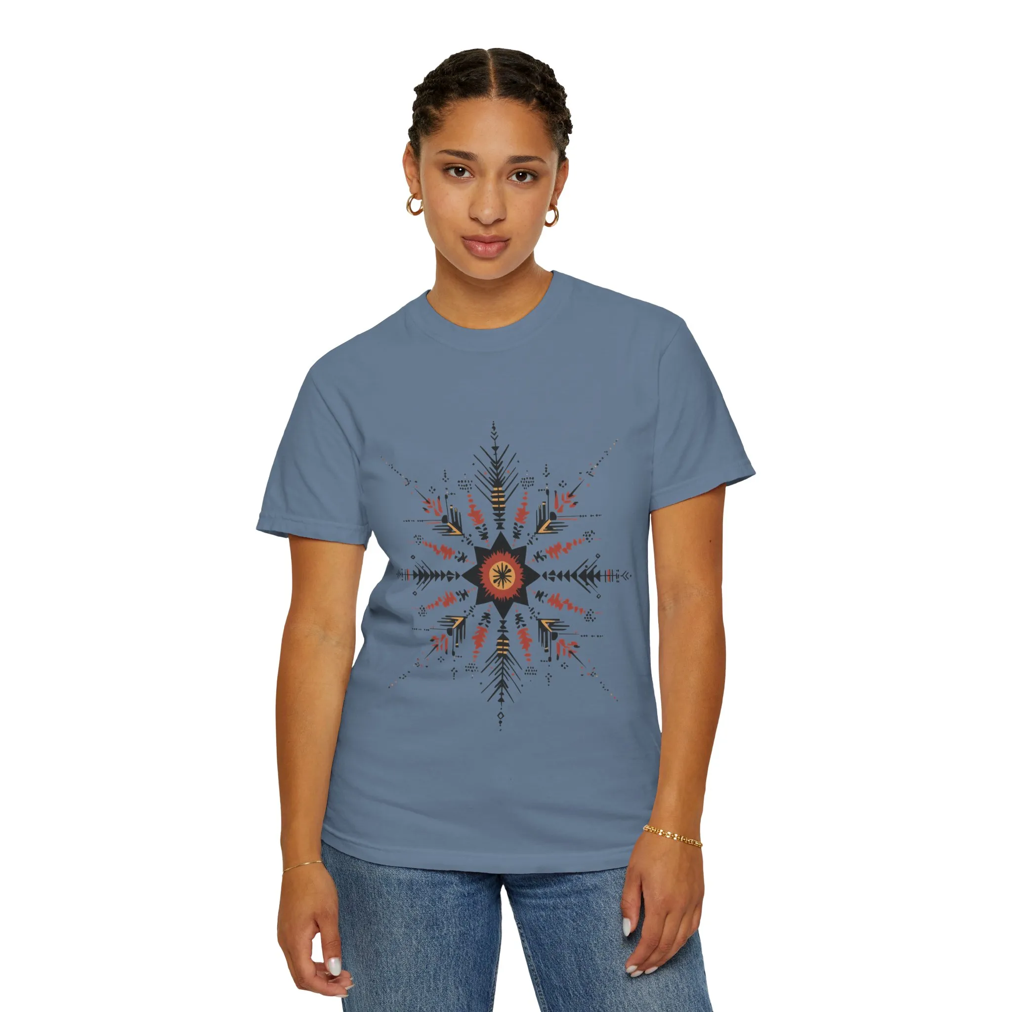 Boho chic nature t-shirt with geometric tribal design, artistic mandala print tee, unisex garment-dyed earthy tone t-shirt, bohemian festival fashion t-shirt.