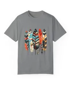 Colorful feather t-shirt with bohemian feather print, artistic tribal feather design tee, unisex boho chic feather graphic t-shirt on white fabric.
