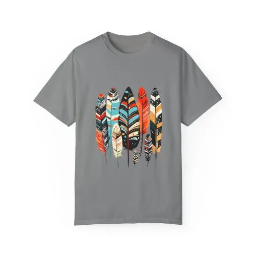 Colorful feather t-shirt with bohemian feather print, artistic tribal feather design tee, unisex boho chic feather graphic t-shirt on white fabric.