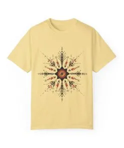 Boho chic nature t-shirt with geometric tribal design, artistic mandala print tee, unisex garment-dyed earthy tone t-shirt, bohemian festival fashion t-shirt.