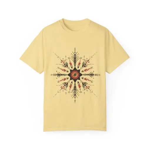 Boho chic nature t-shirt with geometric tribal design, artistic mandala print tee, unisex garment-dyed earthy tone t-shirt, bohemian festival fashion t-shirt.
