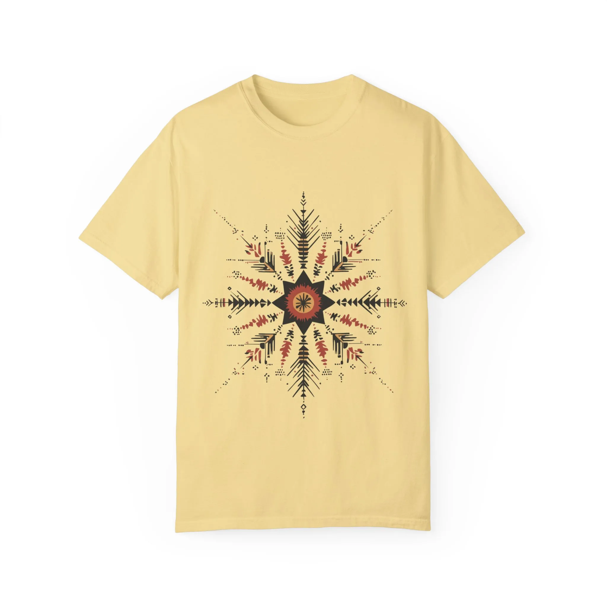Boho chic nature t-shirt with geometric tribal design, artistic mandala print tee, unisex garment-dyed earthy tone t-shirt, bohemian festival fashion t-shirt.