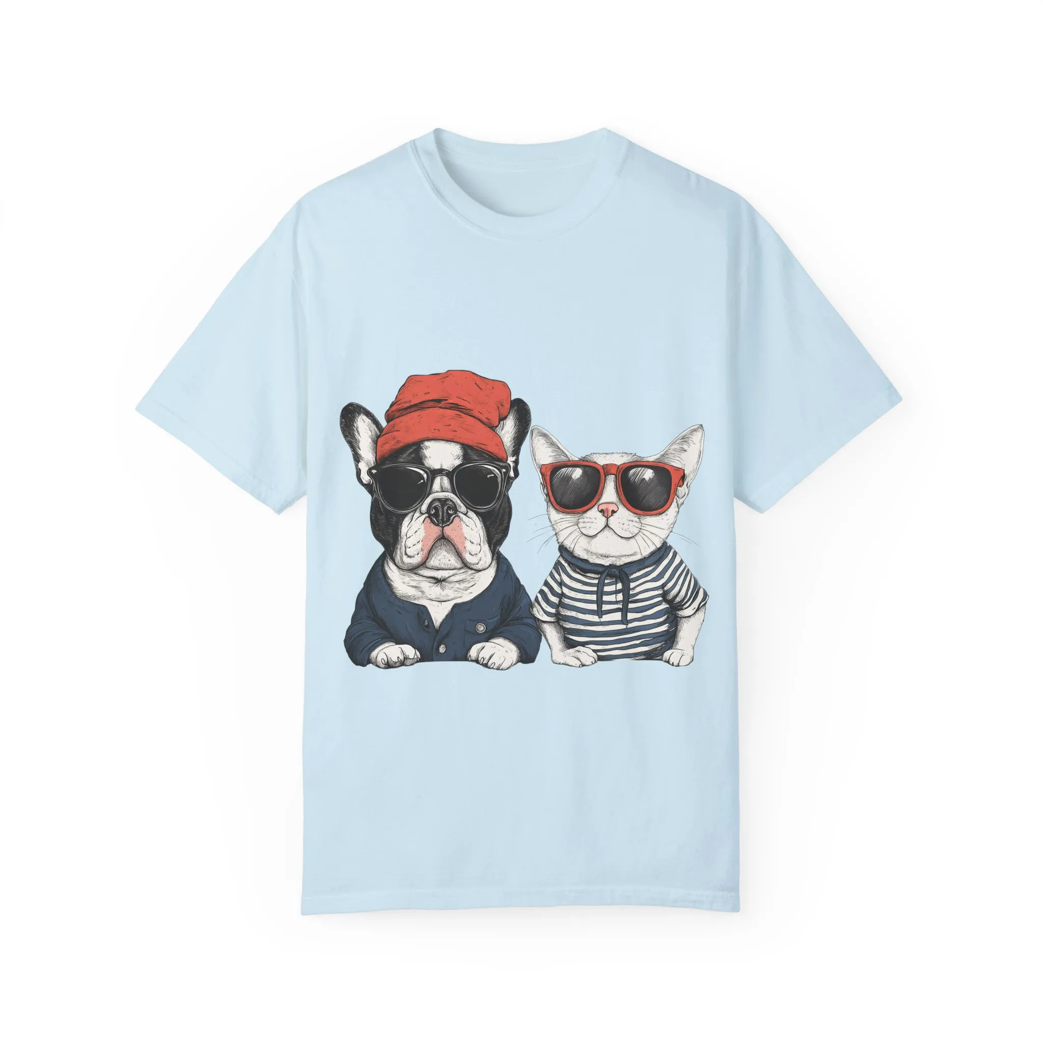 Trendy French Bulldog & Cat T-Shirt, Unisex Vintage Graphic Tee with Cool Sunglasses Design - Image 17