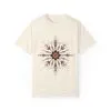 Boho chic nature t-shirt with geometric tribal design, artistic mandala print tee, unisex garment-dyed earthy tone t-shirt, bohemian festival fashion t-shirt.