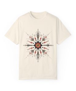 Boho chic nature t-shirt with geometric tribal design, artistic mandala print tee, unisex garment-dyed earthy tone t-shirt, bohemian festival fashion t-shirt.