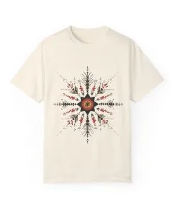 Boho chic nature t-shirt with geometric tribal design, artistic mandala print tee, unisex garment-dyed earthy tone t-shirt, bohemian festival fashion t-shirt.