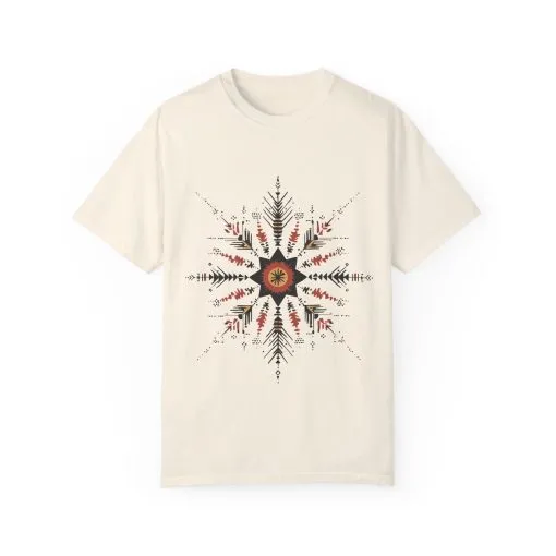 Boho chic nature t-shirt with geometric tribal design, artistic mandala print tee, unisex garment-dyed earthy tone t-shirt, bohemian festival fashion t-shirt.