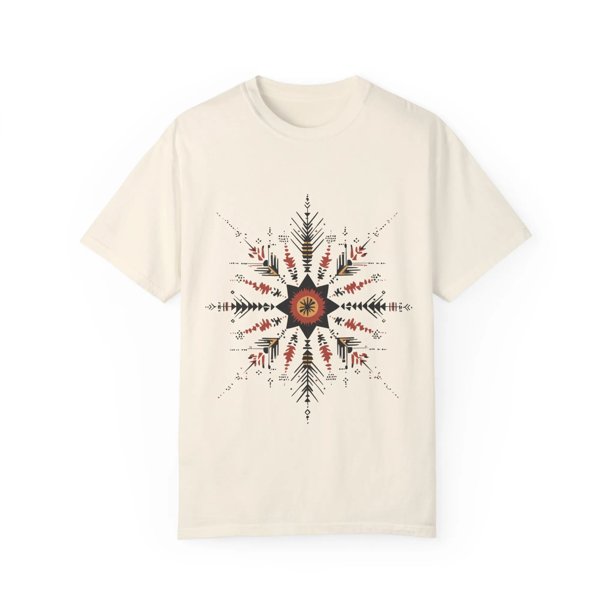 Boho chic nature t-shirt with geometric tribal design, artistic mandala print tee, unisex garment-dyed earthy tone t-shirt, bohemian festival fashion t-shirt.