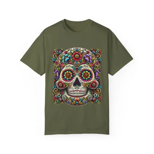Colorful Floral Skull T-Shirt | Day of the Dead Style | Unisex Garment-Dyed Tee - Image 9
