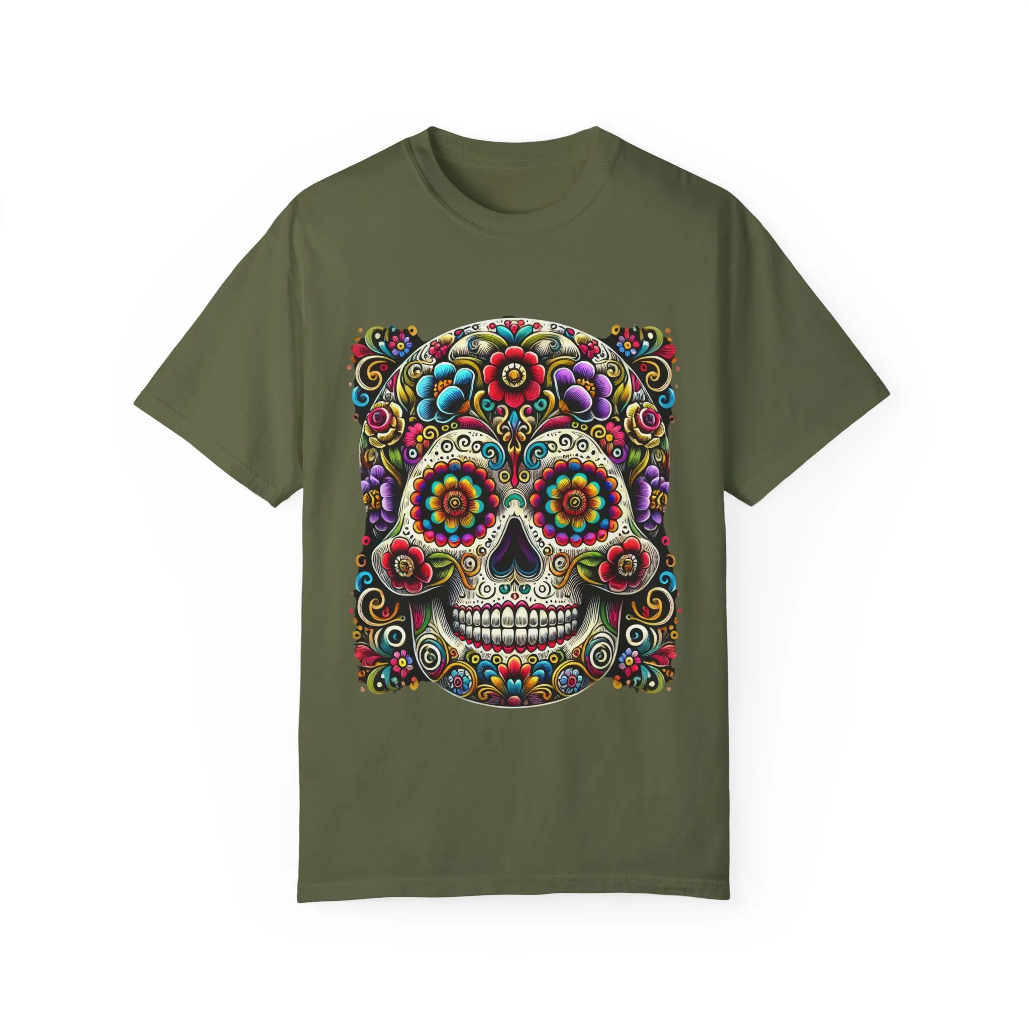 Colorful Floral Skull T-Shirt | Day of the Dead Style | Unisex Garment-Dyed Tee - Image 9