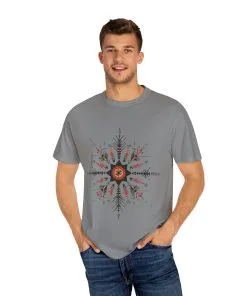 Boho chic nature t-shirt with geometric tribal design, artistic mandala print tee, unisex garment-dyed earthy tone t-shirt, bohemian festival fashion t-shirt.