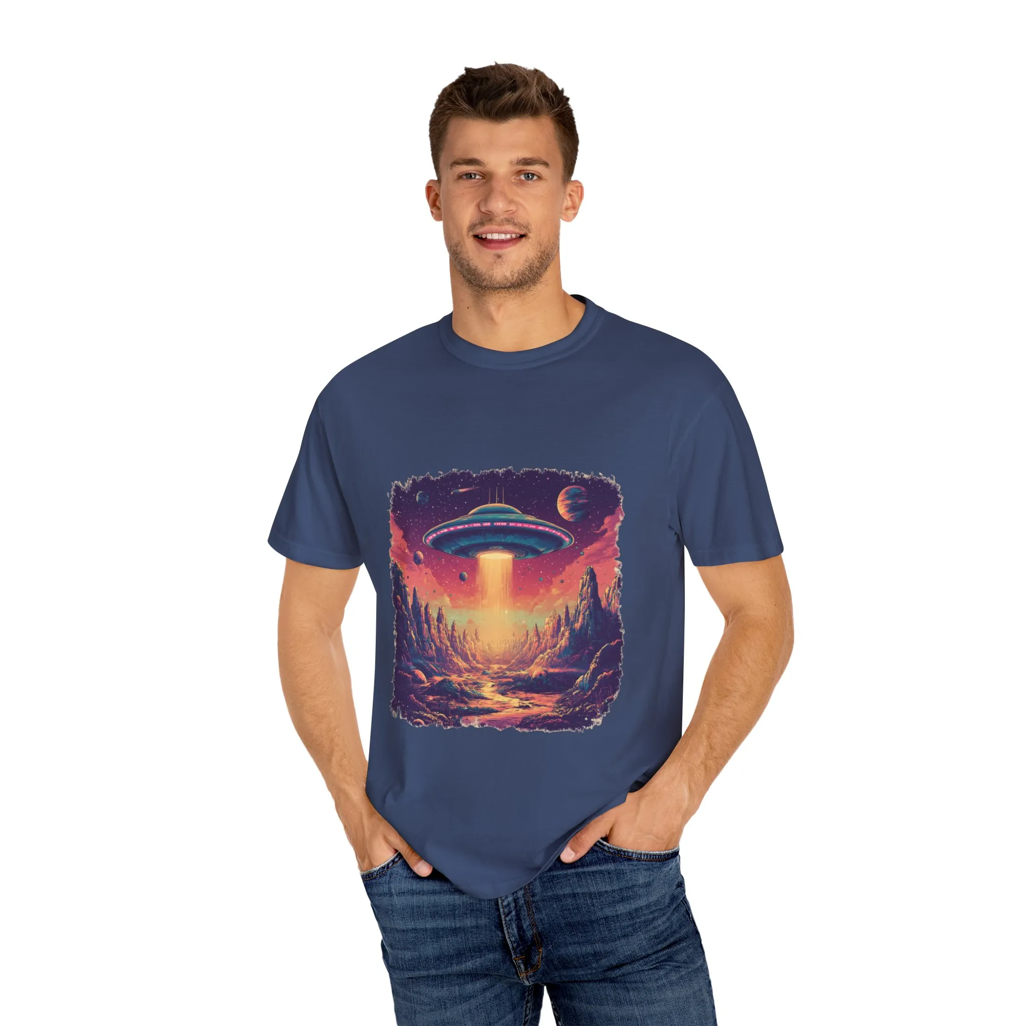 Galactic Adventure Unisex T-Shirt - UFO and Cosmic Landscape Design - Image 23