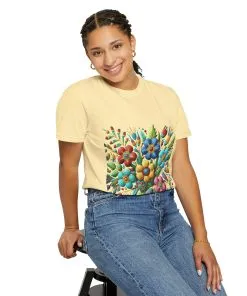 Colorful floral t-shirt with artistic flower print, vibrant unisex garment-dyed tee, bohemian botanical design t-shirt, handmade style floral print tee on light blue fabric.