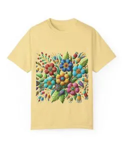 Colorful floral t-shirt with artistic flower print, vibrant unisex garment-dyed tee, bohemian botanical design t-shirt, handmade style floral print tee on light blue fabric.