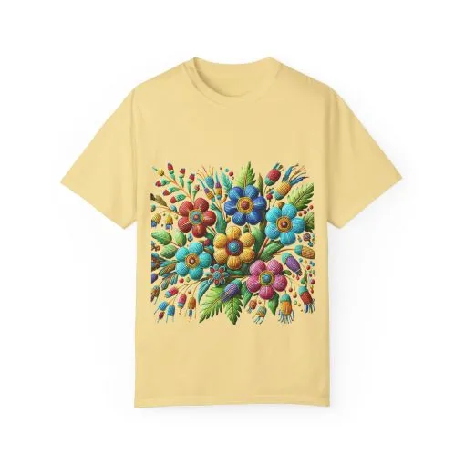 Colorful floral t-shirt with artistic flower print, vibrant unisex garment-dyed tee, bohemian botanical design t-shirt, handmade style floral print tee on light blue fabric.
