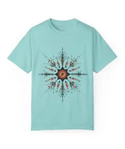 Boho chic nature t-shirt with geometric tribal design, artistic mandala print tee, unisex garment-dyed earthy tone t-shirt, bohemian festival fashion t-shirt.