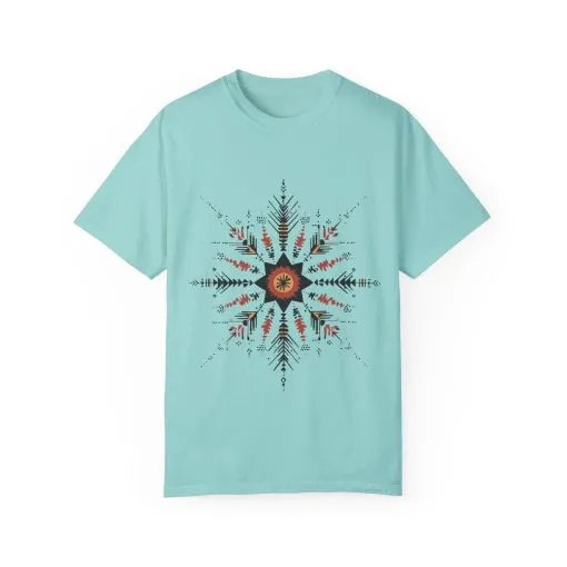 Boho chic nature t-shirt with geometric tribal design, artistic mandala print tee, unisex garment-dyed earthy tone t-shirt, bohemian festival fashion t-shirt.
