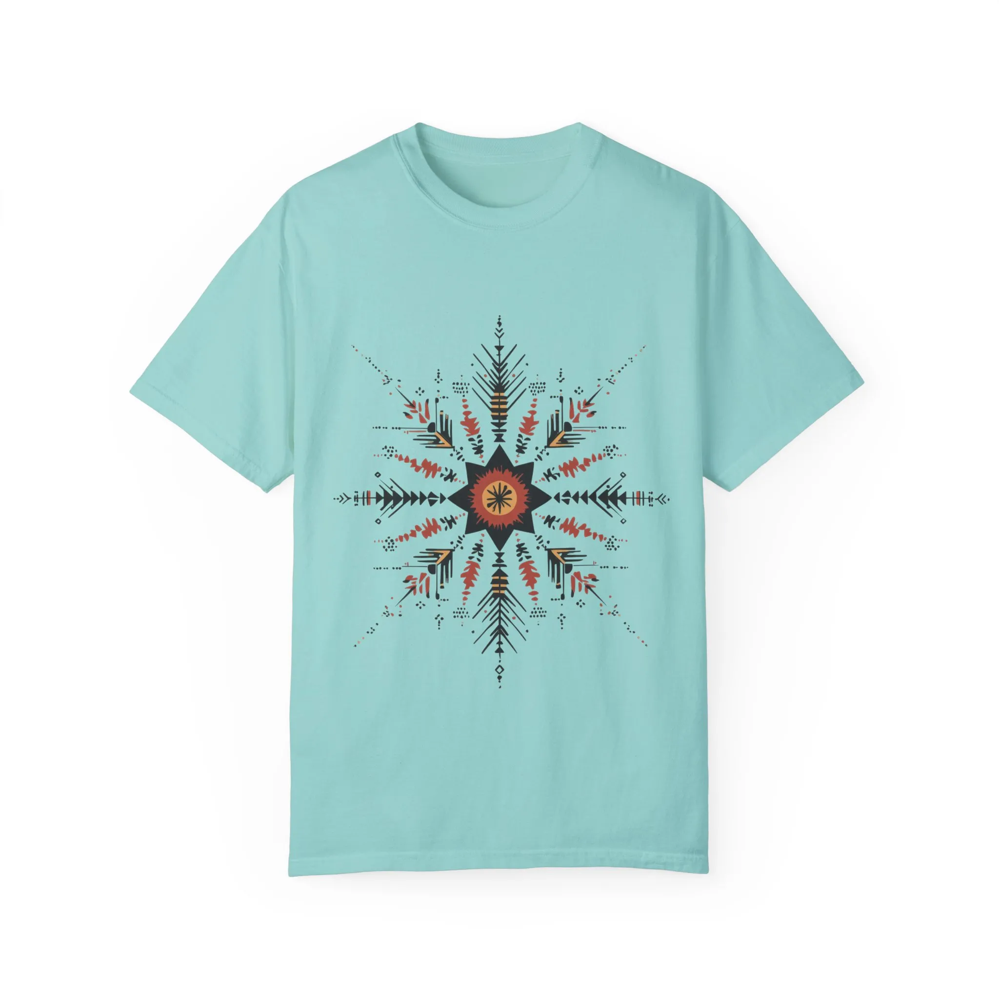 Boho chic nature t-shirt with geometric tribal design, artistic mandala print tee, unisex garment-dyed earthy tone t-shirt, bohemian festival fashion t-shirt.