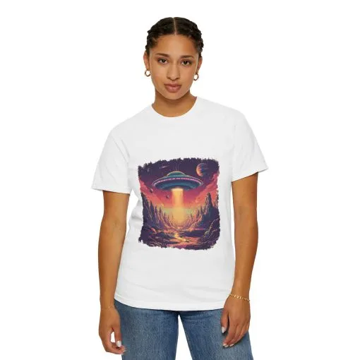 Galactic Adventure Unisex T-Shirt - UFO and Cosmic Landscape Design - Image 8