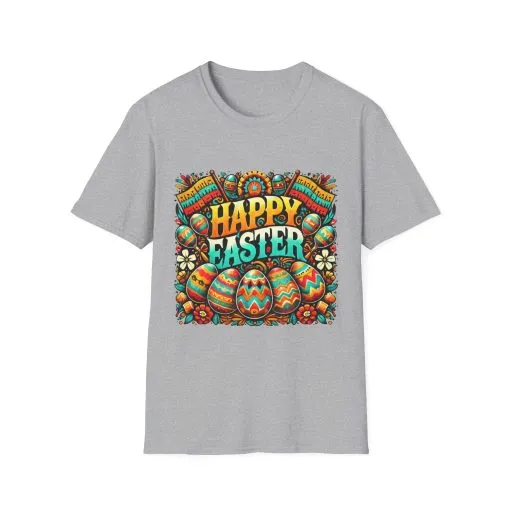 Happy Easter Unisex Softstyle T-Shirt - Colorful Easter Egg Design - Image 21