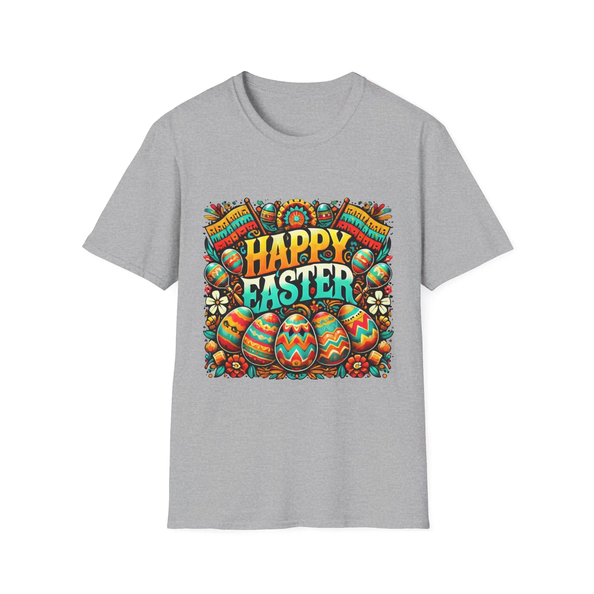 Happy Easter Unisex Softstyle T-Shirt - Colorful Easter Egg Design - Image 21