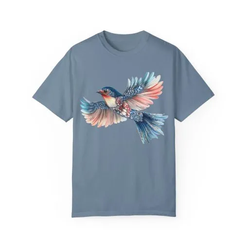 Colorful Bird Art Unisex T-Shirt - Nature-Inspired Garment-Dyed Tee - Image 2