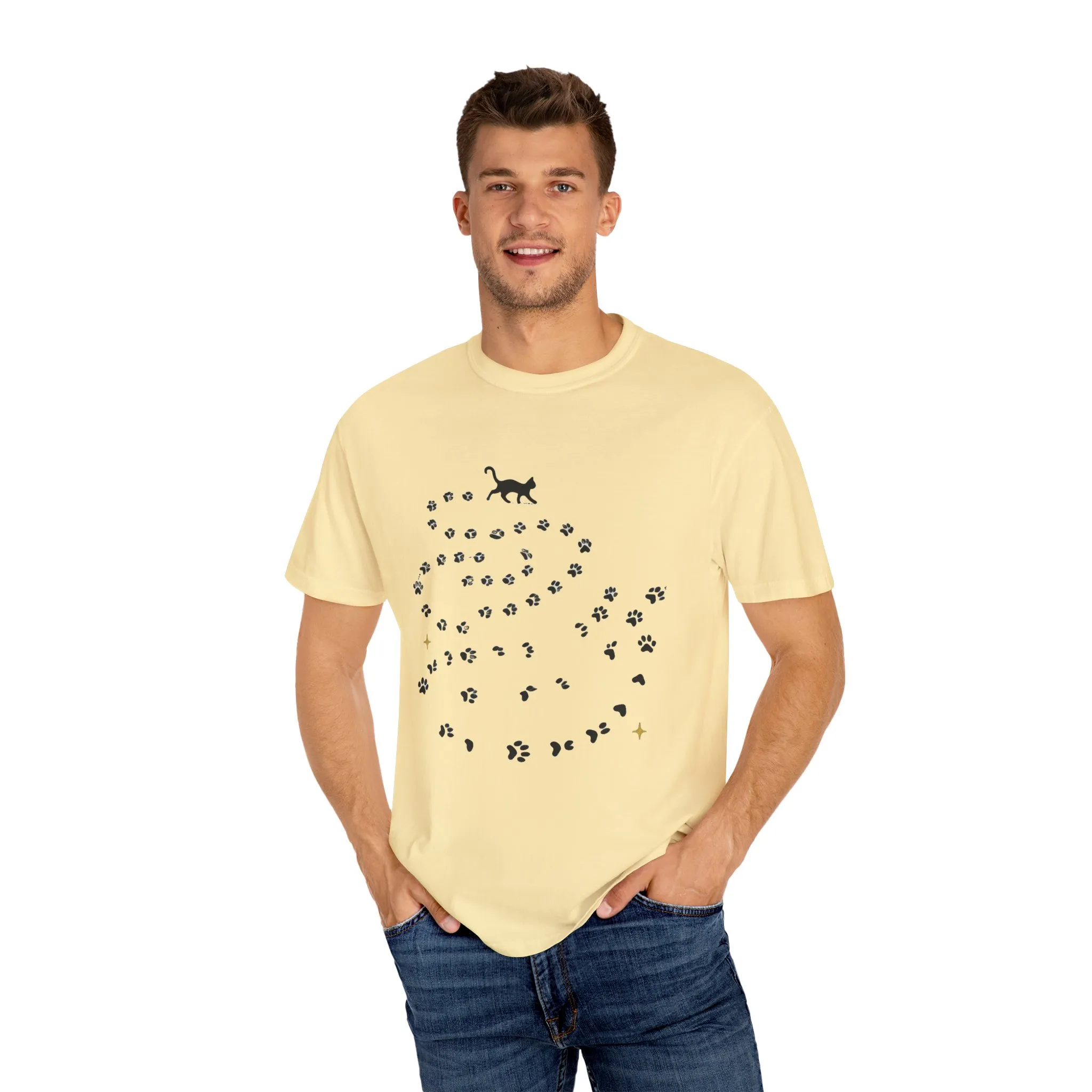 Whimsical Cat and Paw Print T-Shirt for Animal Lovers - Image 11