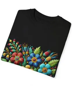 Colorful floral t-shirt with artistic flower print, vibrant unisex garment-dyed tee, bohemian botanical design t-shirt, handmade style floral print tee on light blue fabric.