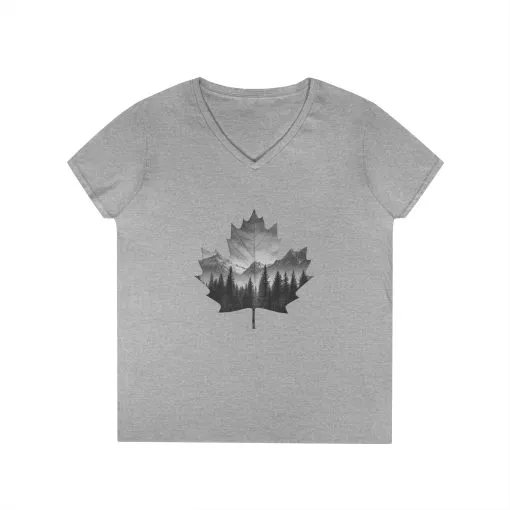 Nature-Inspired V-Neck T-Shirt for Women - Black and White Maple Leaf Design - Image 3