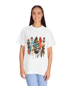 Colorful feather t-shirt with bohemian feather print, artistic tribal feather design tee, unisex boho chic feather graphic t-shirt on white fabric.