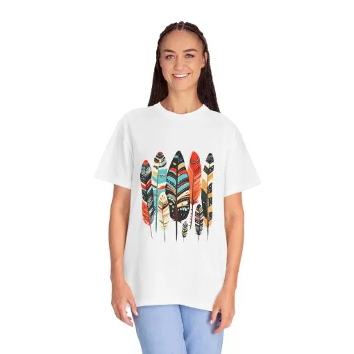 Colorful feather t-shirt with bohemian feather print, artistic tribal feather design tee, unisex boho chic feather graphic t-shirt on white fabric.