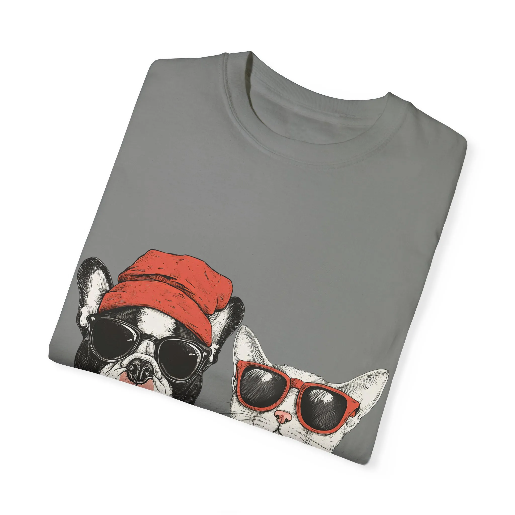 Trendy French Bulldog & Cat T-Shirt, Unisex Vintage Graphic Tee with Cool Sunglasses Design - Image 22