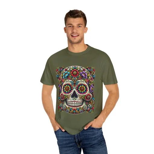 Colorful Floral Skull T-Shirt | Day of the Dead Style | Unisex Garment-Dyed Tee - Image 11
