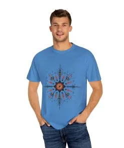 Boho chic nature t-shirt with geometric tribal design, artistic mandala print tee, unisex garment-dyed earthy tone t-shirt, bohemian festival fashion t-shirt.